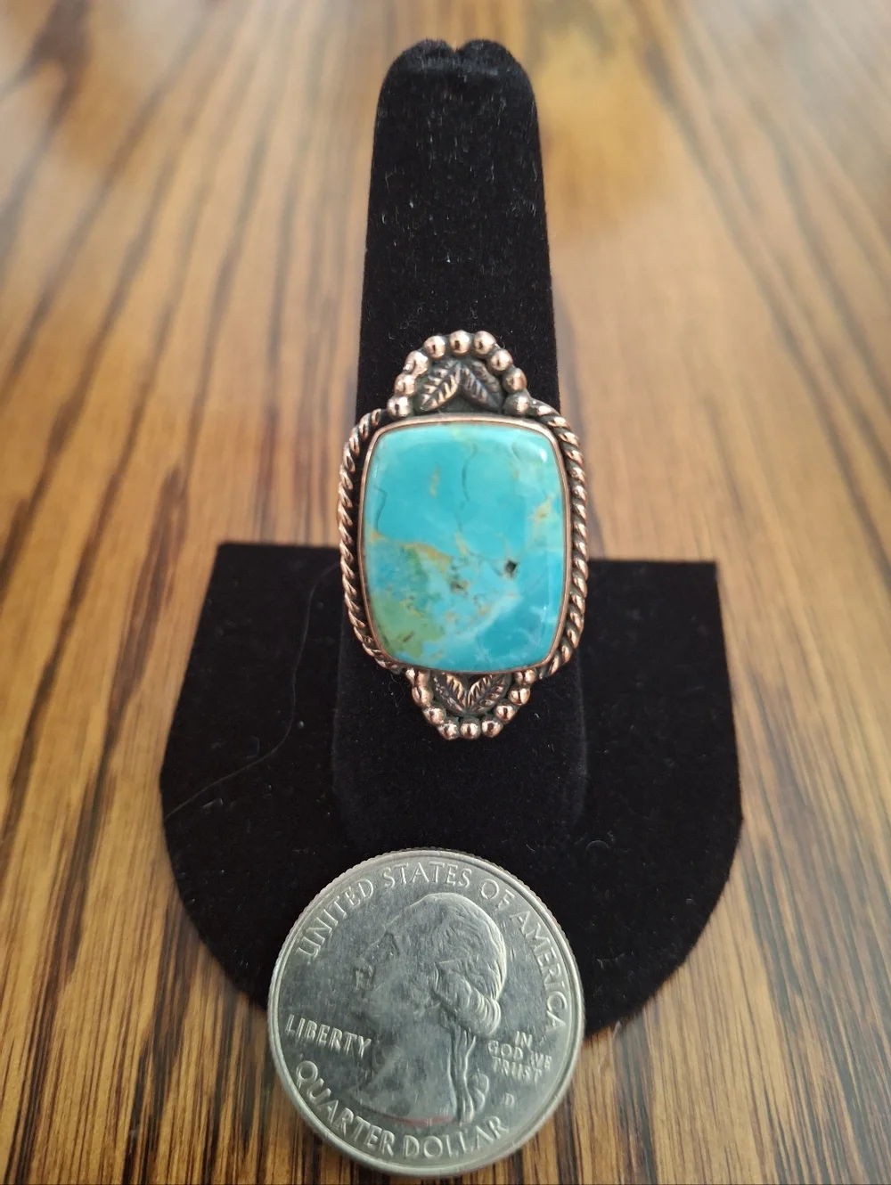 Ring Large Turquoise Stone Set In Copper Frame And Adjustable Band 7-8-9 - Picture 2 of 5